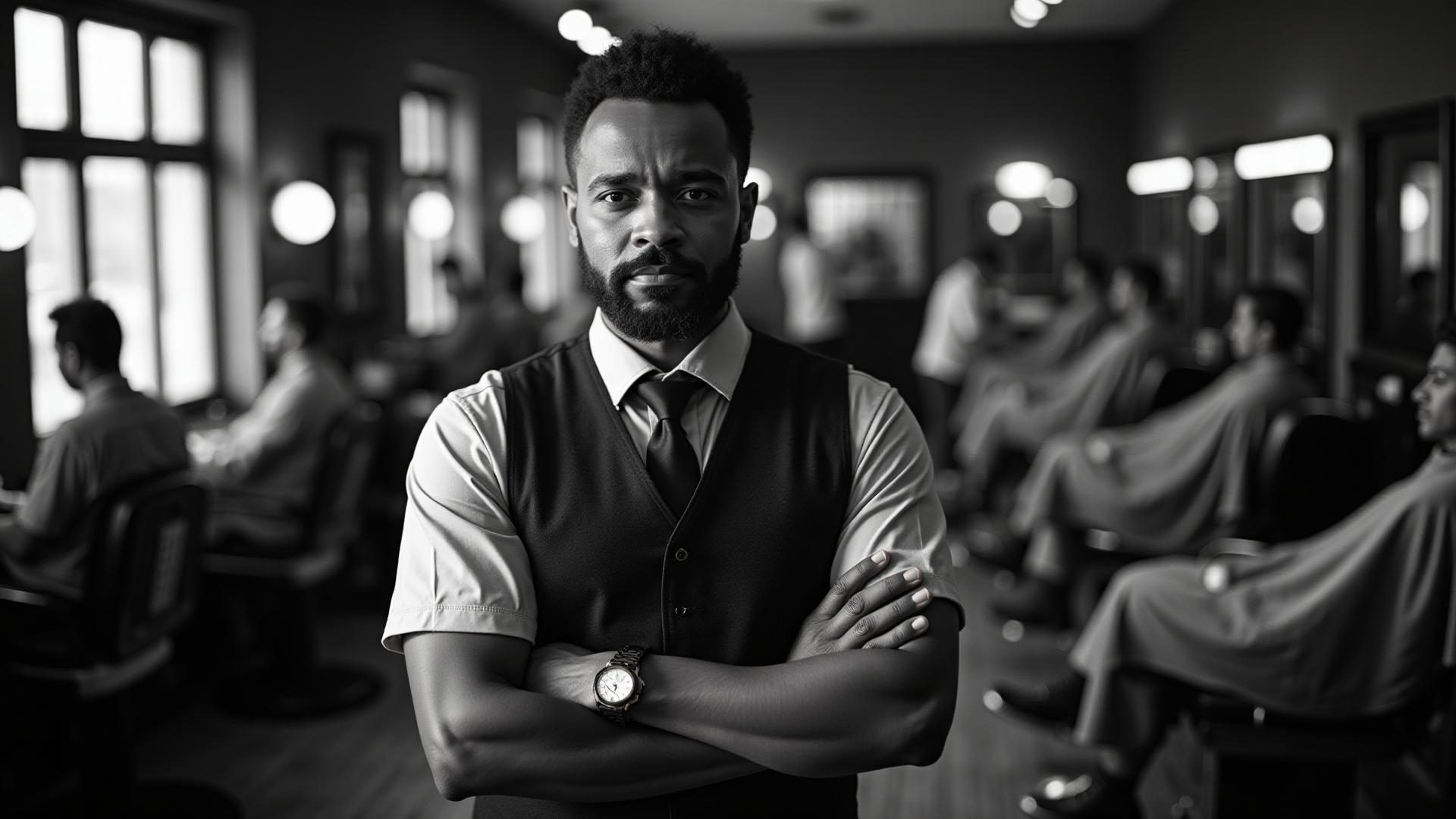 Barber shop owner standing with arms crossed on his shop floor