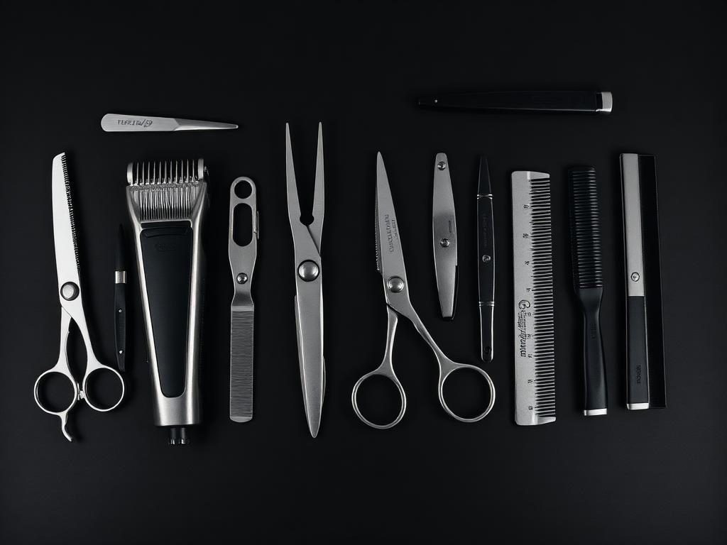 Clippers, trimmers, shears, razors and combs laid out on a black surface