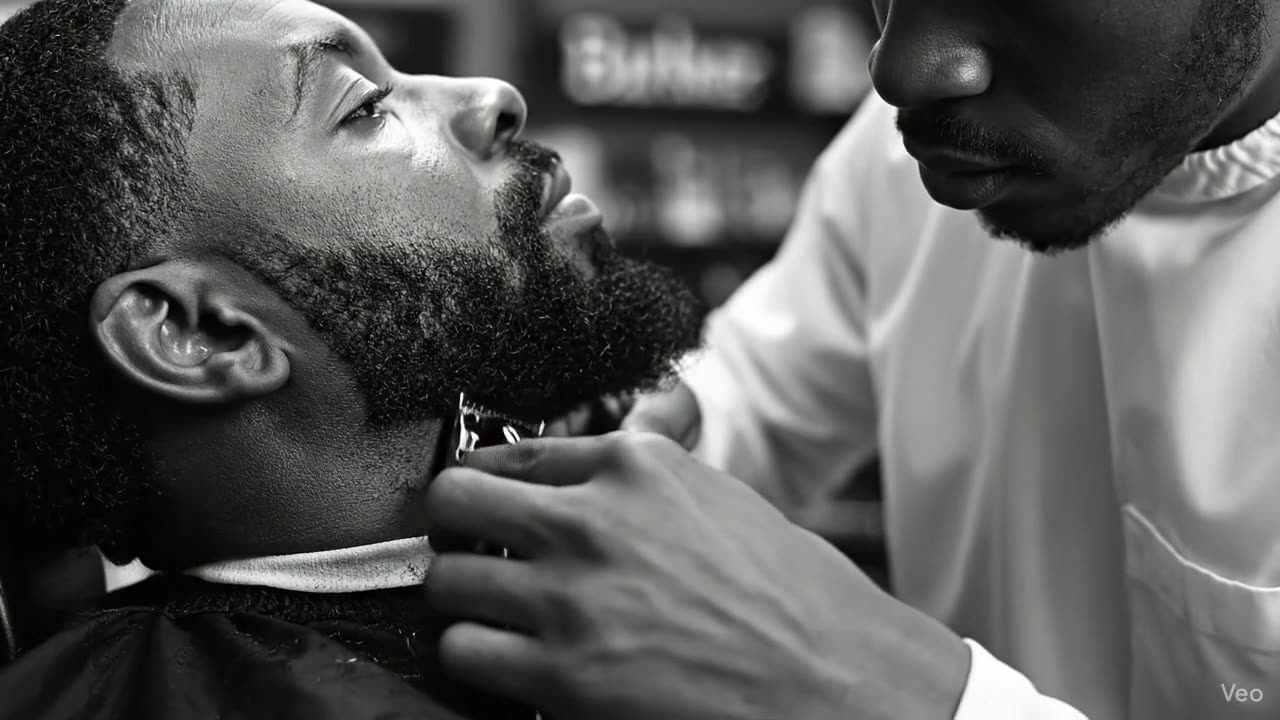 Barber trimming a client's beard