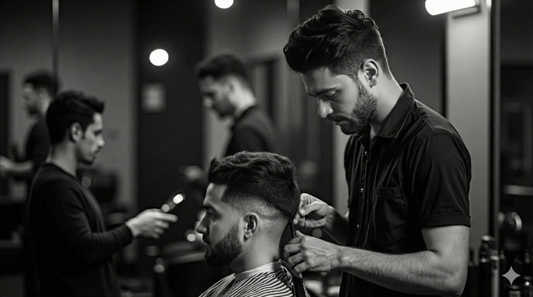 Student barber giving a client a fade on the clinic floor
