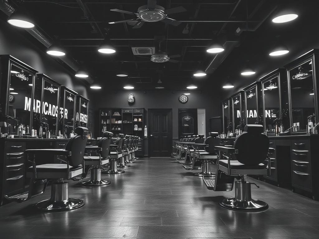 Barber shop interior with chairs, mirrors and lit stations